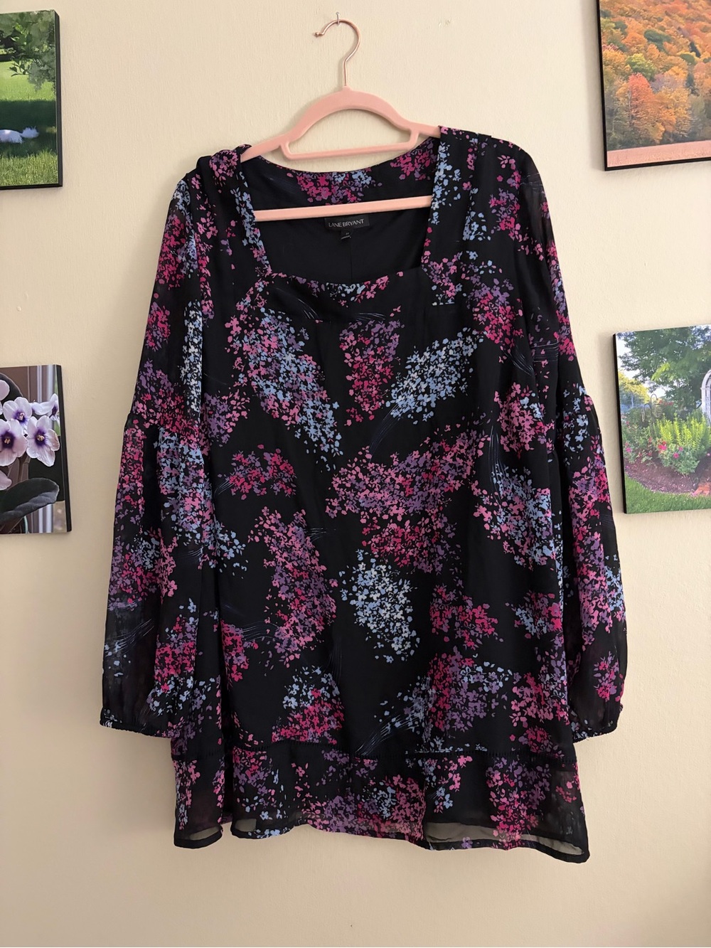 Lane Bryant Black Floral Tunic with Pink & Lavender Clusters